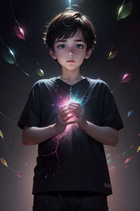 a boy, hands engulfed in a big cluster of fluorescent colorful dots, the dots are flying and swaying and swirling