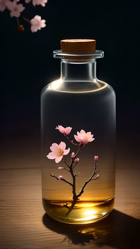 Cherry blossom tree in a bottle，Grows out of the bottle，nipple sticking out，fluffly，realisticlying，Atmospheric light refraction，Photo by Lee Jeffries，Nikon D850 Film Stock Photo 4 Kodak Portra 400 Camera F1.6 shots，rich colours，hyper realistic lifelike tex...