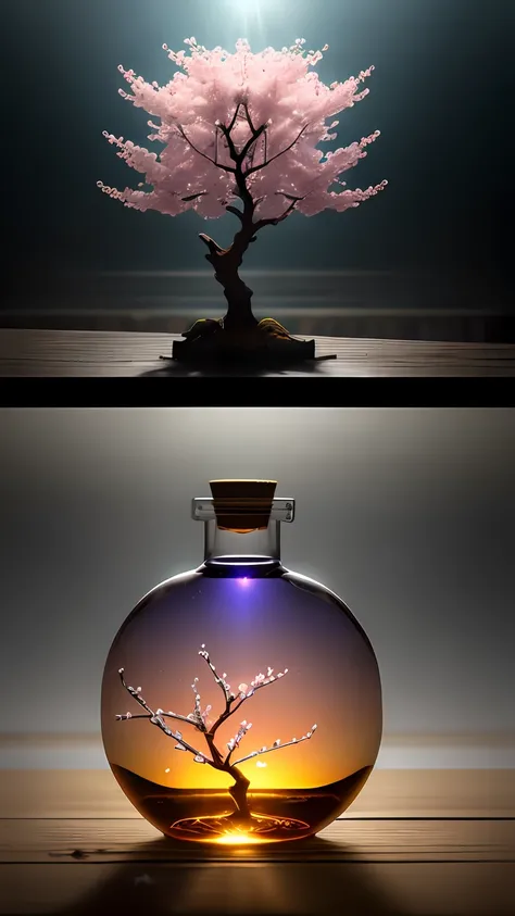 Cherry blossom tree in a bottle，Grows out of the bottle，nipple sticking out，fluffly，realisticlying，Atmospheric light refraction，Photo by Lee Jeffries，Nikon D850 Film Stock Photo 4 Kodak Portra 400 Camera F1.6 shots，rich colours，hyper realistic lifelike tex...