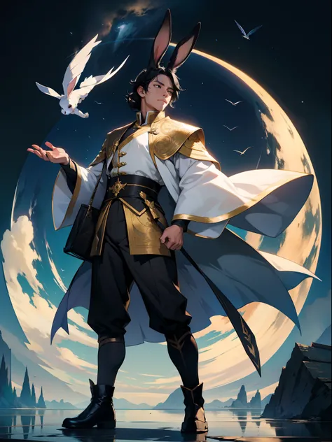 A man and a rabbit，Douluo Continent costume，standing on your feet，nigth，Black hair，Flying，