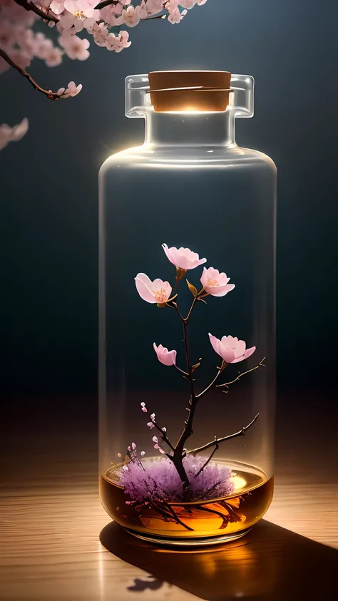 Cherry blossom tree in a bottle，Grows out of the bottle，nipple sticking out，fluffly，realisticlying，Atmospheric light refraction，Photo by Lee Jeffries，Nikon D850 Film Stock Photo 4 Kodak Portra 400 Camera F1.6 shots，rich colours，hyper realistic lifelike tex...