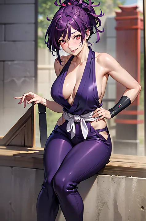 best quality, masterpiece, (leaning over:1.4), 
1girl, yuzuriha_(jigokuraku), purple hair, brown eyes, ninja, open clothes, cleavage, small breasts, topknot, medium hair, breasts apart, seductive smile, pants, undressing,  (blush:1.1),  japanese exterior, ...