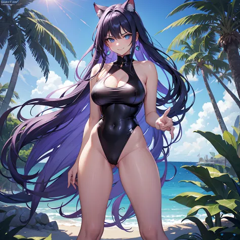 1cat girl, very long lavender hair, blue eyes, wearing shiny black one piece swimsuit, aqua cropped t-shirt, black skirt, beach, absurdres, high res, ultrasharp, 8k, masterpiece, looking at viewer, seductive, seductive pose, sexy, captivating, large breast...