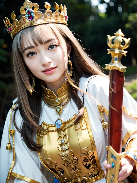 (masutepiece), Professional , ​masterpiece、top-quality、photos realistic , depth of fields （Gemstone Silver Metal Body:1.９),(Matte White、Jewel Gold Weapon（Jewel Metal Body:1.４),Gorgeous metal weapons , Detailed Sword of the Brave , Beautiful knife   ,warham...