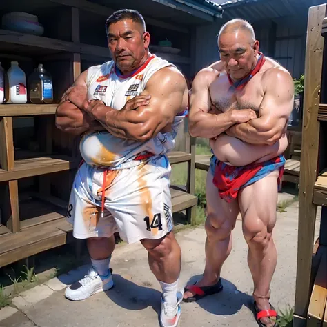 black-skinned，Muscular fat man，  while standing in the bathhouse