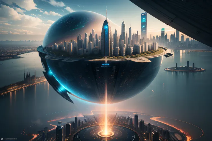 Punk futuristic style，The above Bund is the prototype，Spherical polar coordinates:1.5，High-resolution images of the city of the future，City skyline view with lake and park，Ultra-wide view of the cityscape，All buildings have a sense of technology，Full of te...