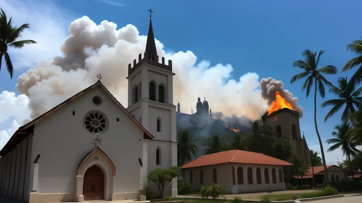 Maria Lanakira Catholic Church（Maria Lanakira Catholic Church）Miracle escaped the fire ，There are minarets and minarets on the sides, Church in the background, immaculately detailed,, Huge building ruins, amazingly composed image, ruined architecture, ruin...