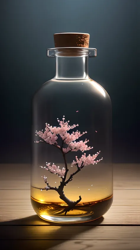 Cherry blossom tree in a bottle，Grows out of the bottle，nipple sticking out，fluffly，realisticlying，Atmospheric light refraction，Photo by Lee Jeffries，Nikon D850 Film Stock Photo 4 Kodak Portra 400 Camera F1.6 shots，rich colours，hyper realistic lifelike tex...