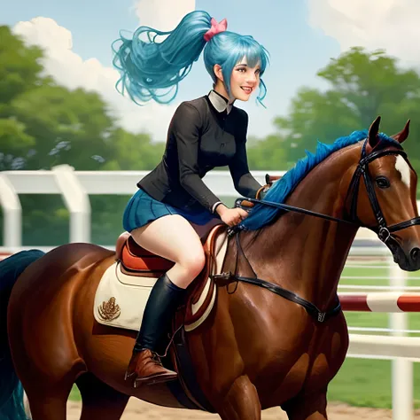 blue  hair，ride horse，High ponytail，short  skirt，ssmile