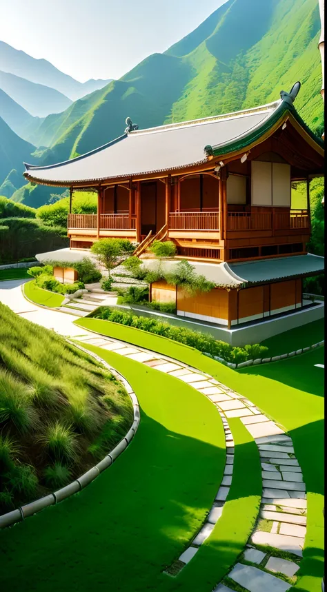 On a sunny day, the morning sun shines on the light green mountain top, the tender green bamboo forest, the small wooden house with Chinese characteristics, the light green willow, the light green grass, the high-definition view, the ultra-wide angle, the ...