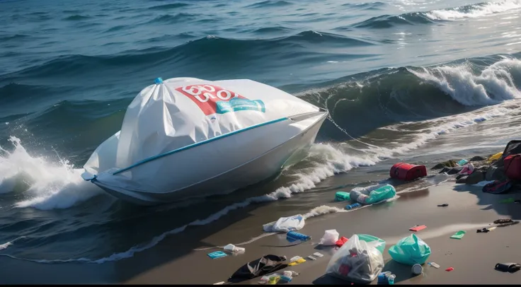 All sorts of garbage on the waves，plastic bag，Mineral water on the surface of the sea