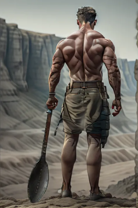 muscular back figure,Man with a big spoon,photograph,Behind the stalwart warrior standing on the ground,photograph,a picture,Behind the Warrior Standing on the Ground,8K,on a cliff,well-muscled、Desolate Land,Have a big spoon