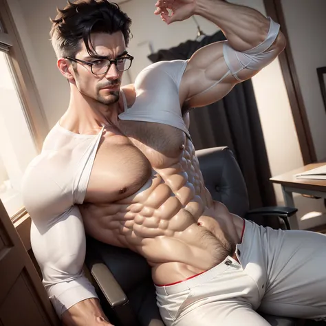 white european,Mature male,white  shirt, tiese，musculous,Rich body hair,sixpack abs,chest muscle,wears glasses,The crotch protrudes,black color hair,Gray slacks ，Unfasten the clasp