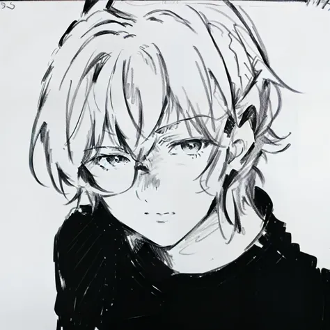 black and white image of a person wearing glasses, clean and meticulous anime style, clean anime outlines, 2 d anime style, perf...