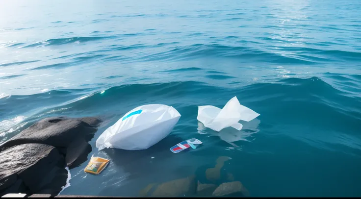 All kinds of garbage at sea，plastic bag，Mineral water from the sea，On the surface of the water