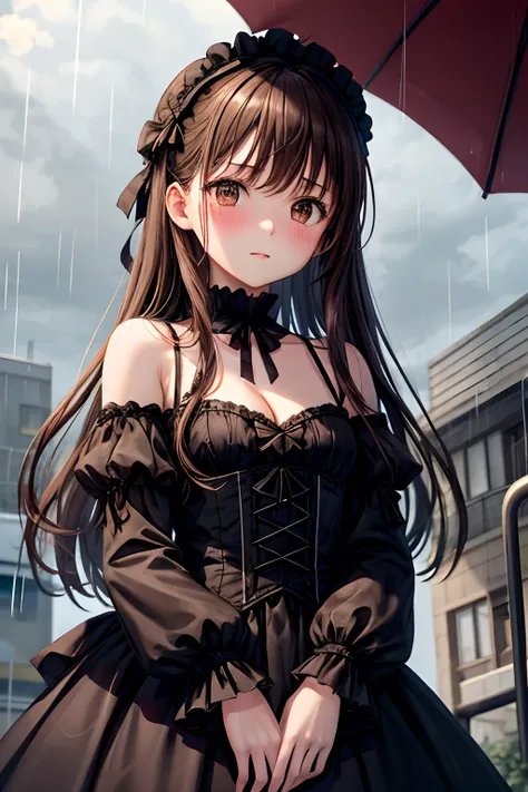 ultra detailed, 1girl, 15y, brown hair, brown eyes, small breasts, long hair, rough, blush, street, straight-on, blush, cleavage, bare shoulders, gothic dress, gothic lolita fashion, rain background, from below, sideways, masterpiece, best quality