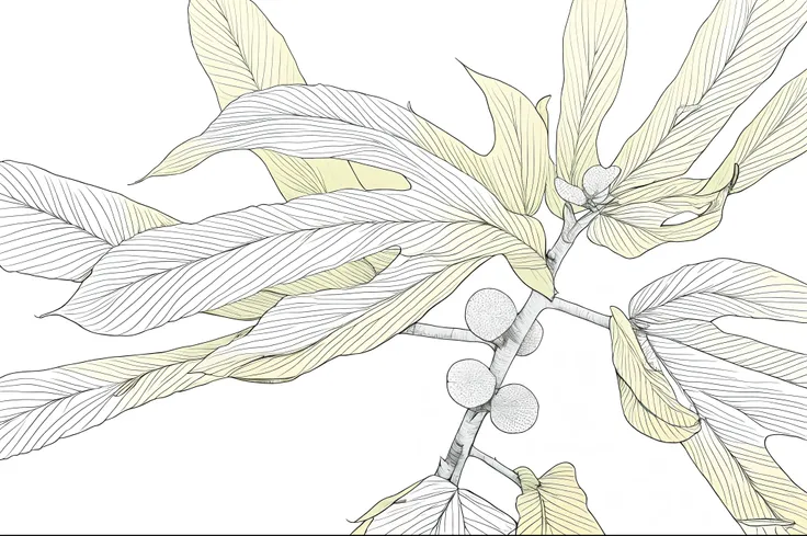 Close-up of thick-leaved plant line drawing of banyan tree，The leaves are palm-shaped，White background，Mono Color，Line drawings，tmasterpiece，Need