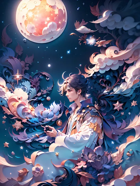 (((masterpiece))),best quality, illustration,  sky, cloud, star (symbol),1man, handsome man, night, bird, moon, star (sky), night sky, starry sky, vibrant color scheme, Soft light,(warm color:1.2),Water color painting, light background, best quality exquis...