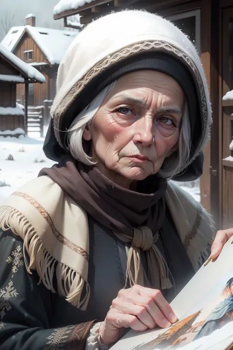 An old woman with a disgusting and gloomy look in a feather shawl in a snowy village , The Art of Comics, oil painting, a closeup of a, Light haze