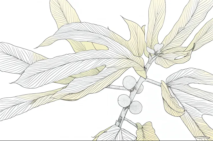 Close-up of thick-leaved plant line drawing of banyan tree，The leaves are palm-shaped，White background，Mono Color，Line drawings，tmasterpiece，Need