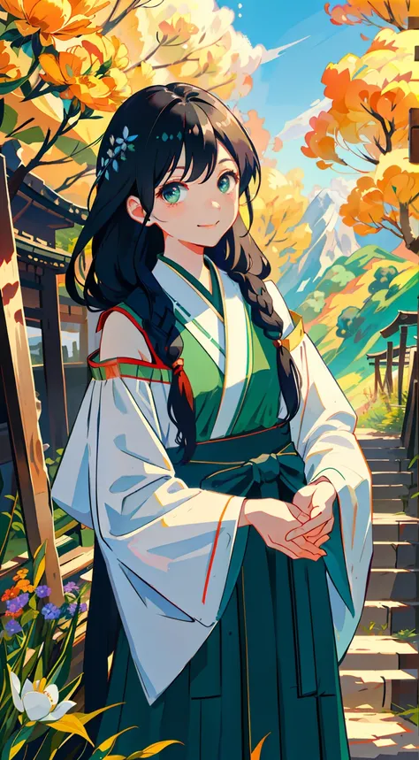 2. The character：Ethnic minority girls，A long black braided shawl descends from the shoulders，Dark green eyes shimmered with life，She wore a cheerful and enthusiastic smile，Wear traditional clothing，Holding a bouquet of brightly colored wildflowers in his ...