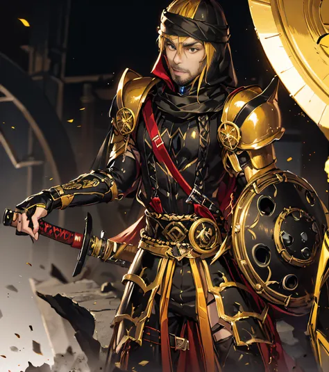 An Arab warrior dressed in black and yellow armor holds a katana and a shield，