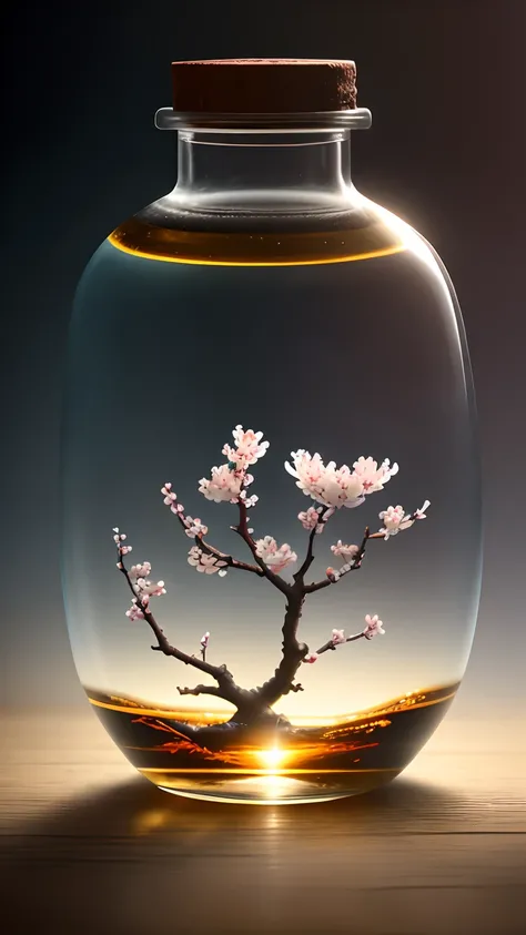 Cherry blossom tree in a bottle，Grows out of the bottle，nipple sticking out，fluffly，realisticlying，Atmospheric light refraction，Photo by Lee Jeffries，Nikon D850 Film Stock Photo 4 Kodak Portra 400 Camera F1.6 shots，rich colours，hyper realistic lifelike tex...