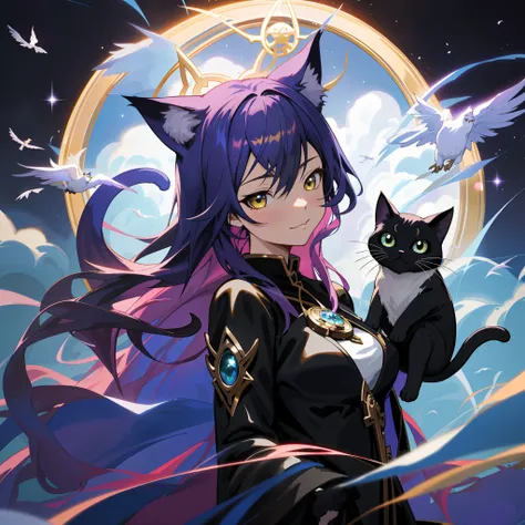 Anime characters with cat and bird background, full art, sky witch, Anime fantasy illustration, shadowverse style, Beautiful celestial mage, flirty anime witch casting magic, full portrait of elementalist, Catwoman oil painting, cat witch, portrait of a fe...