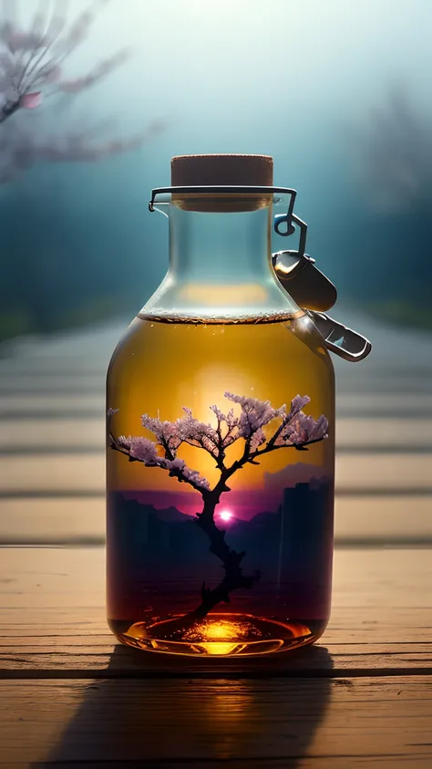 Cherry blossom tree in a bottle，Grows out of the bottle，nipple sticking out，fluffly，realisticlying，Atmospheric light refraction，Photo by Lee Jeffries，Nikon D850 Film Stock Photo 4 Kodak Portra 400 Camera F1.6 shots，rich colours，hyper realistic lifelike tex...