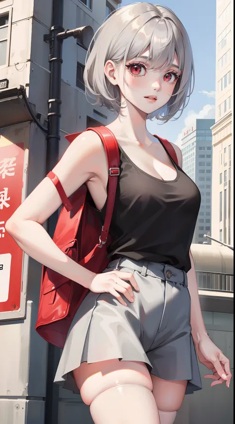 young girl, short gray hair, red-eyes, white tanktop, Upskirt, ssmile, backpack, stocklings, Masterpiece, hiquality