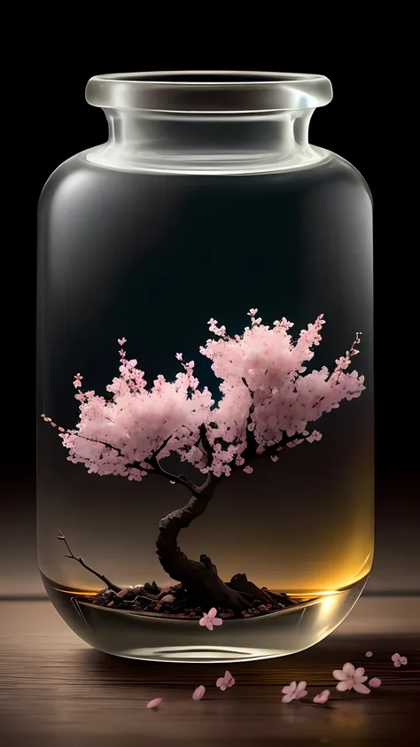 Cherry blossom tree in a bottle，Grows out of the bottle，nipple sticking out，fluffly，realisticlying，Atmospheric light refraction，Photo by Lee Jeffries，Nikon D850 Film Stock Photo 4 Kodak Portra 400 Camera F1.6 shots，rich colours，hyper realistic lifelike tex...