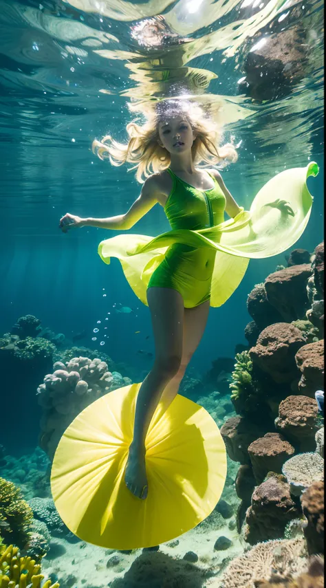 Best quality，tmasterpiece，Partial underwater photography，Reflectors，Blonde 1.3 ，Messy hair floating，slimfigure，Yellow-green Han clothing，light yarn，long leges