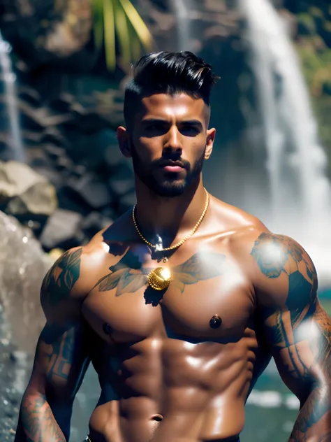 fking_scifi, fking_scifi_v2, portrait of a young, muscular extremely handsome and attractive Brazilian male model, in front of a waterfall, short windy hair, hairy tattooed body, colorful clothing and golden jewelry, close up, regal pose and attitude. fkin...