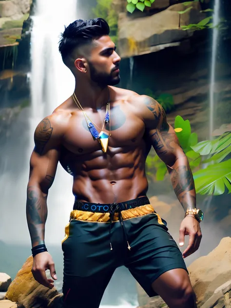 fking_scifi, fking_scifi_v2, portrait of a young, muscular extremely handsome and attractive Brazilian male model, in front of a waterfall, short windy hair, hairy tattooed body, colorful clothing and golden jewelry, close up, regal pose and attitude. fkin...