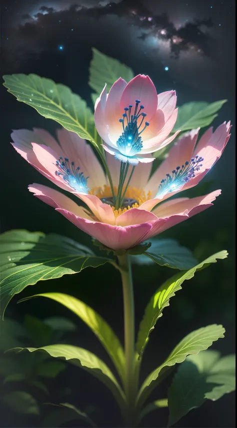 bioluminescence, flowers, night, sky