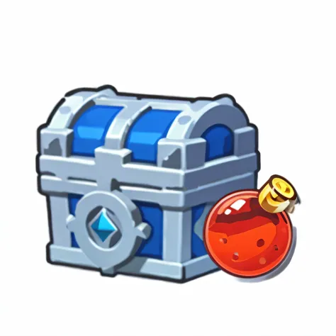 A close-up of a small box with a red ball, chest, ability image, treasure artifact, item art, Treasure chests, potion belt, game icon asset, Strong chest, Magical items, loot box, rpg item, potion of healing, role-playing game items, modular item, magic it...