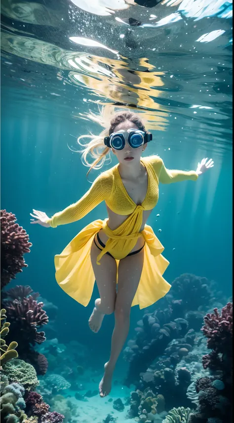 Best quality，tmasterpiece，Partial underwater photography，Reflectors，Blonde 1.3 ，Messy hair floating，Diving goggles，slimfigure，Yellow-green Han costume，light yarn，long leges