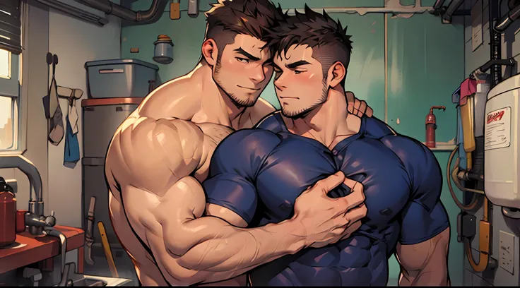 2 muscular men intertwined，plumber，One person hugs another from behind，Naked，Expose the lower body