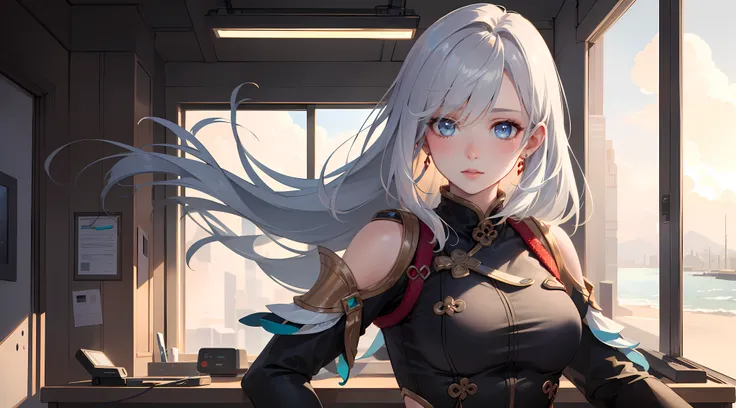 electrician girl, electrician suit, upper body, seductive look, blush, indoors, in office, looking at viewer, cloudy, moody lighting, (perfect detail eyes:1.2), glowing eyes, (long hair:1.2), elemental skill effect, (Masterpiece, Best Quality, High Quality...