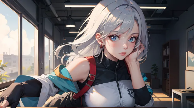 electrician girl, electrician suit, upper body, seductive look, blush, indoors, in office, looking at viewer, cloudy, moody lighting, (perfect detail eyes:1.2), glowing eyes, (long hair:1.2), elemental skill effect, (Masterpiece, Best Quality, High Quality...