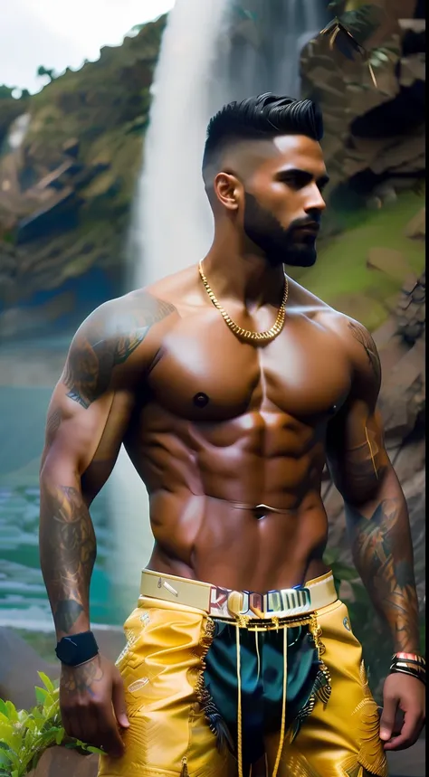 fking_scifi, fking_scifi_v2, portrait of a young, muscular extremely handsome and attractive Brazilian male model, in front of a waterfall, short windy hair, hairy tattooed body, colorful clothing and golden jewelry, close up, regal pose and attitude. fkin...