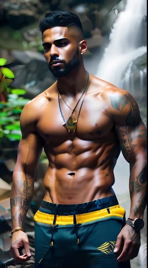 fking_scifi, fking_scifi_v2, portrait of a young, muscular extremely handsome and attractive Brazilian male model, in front of a waterfall, short windy hair, hairy tattooed body, colorful clothing and golden jewelry, close up, regal pose and attitude. fkin...