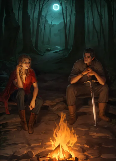 Two people sitting around a campfire in the forest, dnd in a dark forest, roleplaying game art, Edmund Blair and Charlie Bower, charlie bowater and artgeem, Charlie Bower and Mark Brooks, D & d Digital Painting, fantasy rpg book illustration, Abaddon and M...