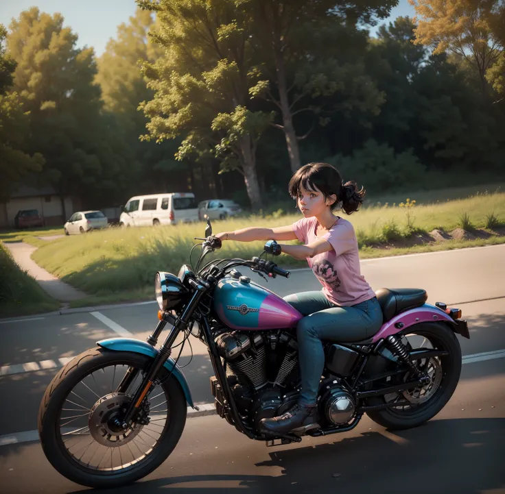 Beautiful lofi girl riding a massive black Harley Davidson motorcycle side view, one black shoe facing camera, dragging tin cans behind, side view, complete view of motorcycle and riding buddies like swiper, long shot, forest and country background, lookin...