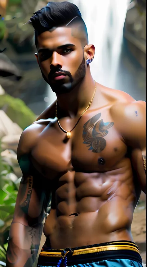 fking_scifi, fking_scifi_v2, portrait of a young, muscular extremely handsome and attractive Brazilian male model, in front of a waterfall, short windy hair, hairy tattooed body, colorful clothing and golden jewelry, close up, regal pose and attitude. fkin...