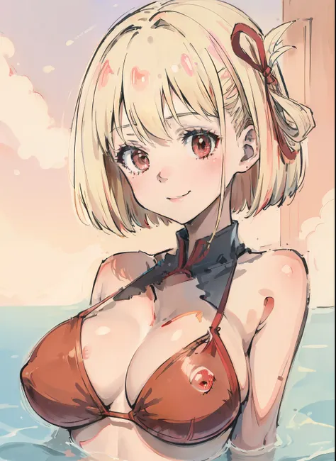 ((facing front:1.2)),Beautiful and cute girl with dazzling smile, 1girl in, Solo, Bob Hare,Red ribbons, platinum-blonde,red eyes, Beautiful detailed eyes, Looking at Viewer, A smile, Portrait,Bikini swimwear, Upper body, tits out, Backlight, swimming pools