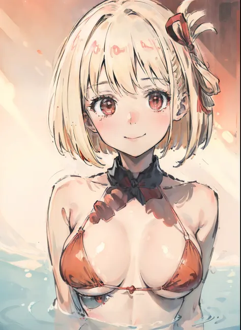 ((facing front:1.5)),Beautiful and cute girl with dazzling smile, 1girl in, Solo, Bob Hare,Red ribbons, platinum-blonde,red eyes, Beautiful detailed eyes, Looking at Viewer, A smile, Portrait,Bikini swimwear, Upper body, tits out, Backlight, swimming pools