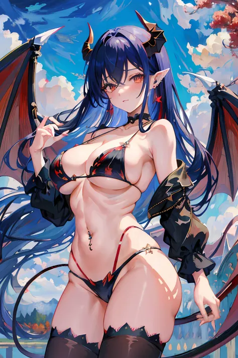 demon_wings, wings, 1girl, horns, breasts, piercing, earrings, jewelry, long_hair, solo, demon_girl, bat_wings, navel, cross, large_breasts, looking_at_viewer, bare_shoulders, cleavage, dragon_wings, demon_horns, cross_earrings, black_bikini, bikini, swims...