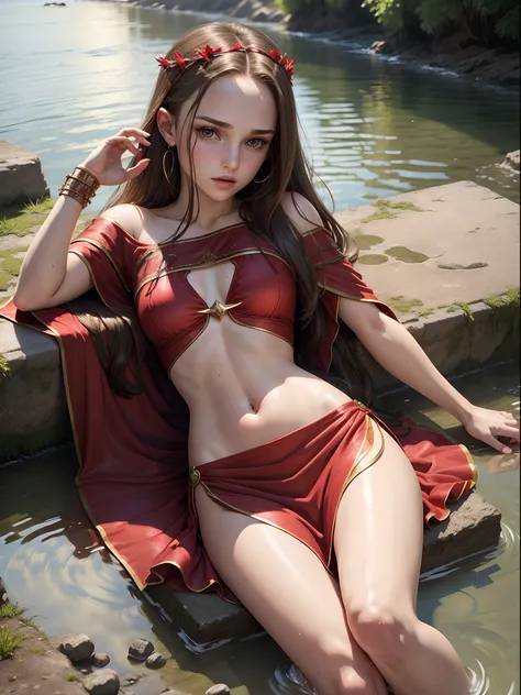 Teen Natalie Portman as a red priestess girl. Freckles. intricate dress, wet crop top. lying down resting. Background river.