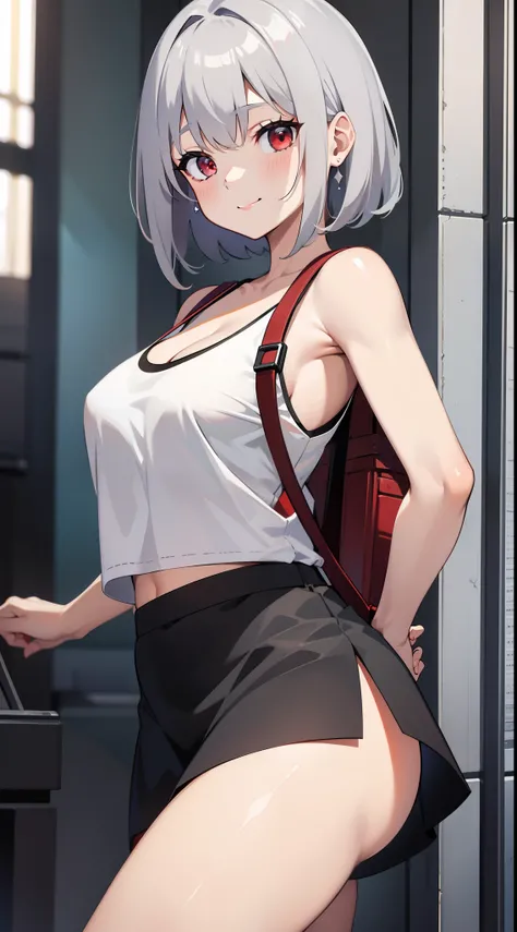 young girl, short gray hair, red-eyes, white tanktop, Upskirt, ssmile, backpack, stocklings, Masterpiece, hiquality